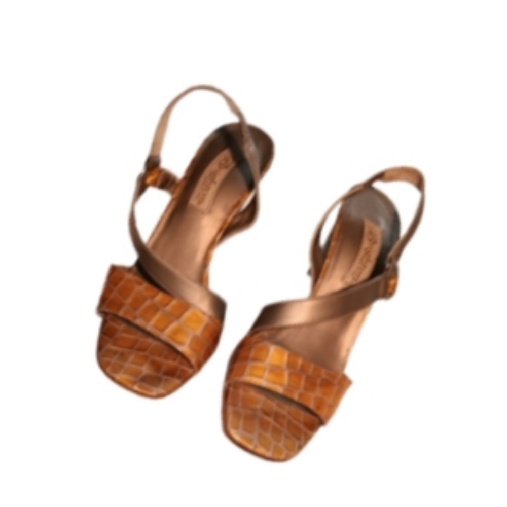 Sling Back Open Toe Cone Heel Croc Print Leather Sandals 6.5 M Italy